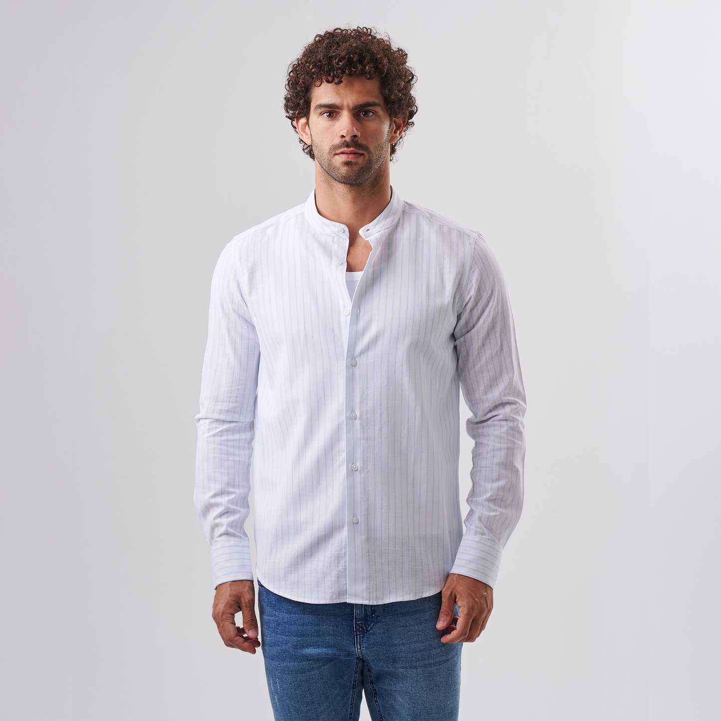 Striped Mandarin Collar Shirt – Blue Pinstripe