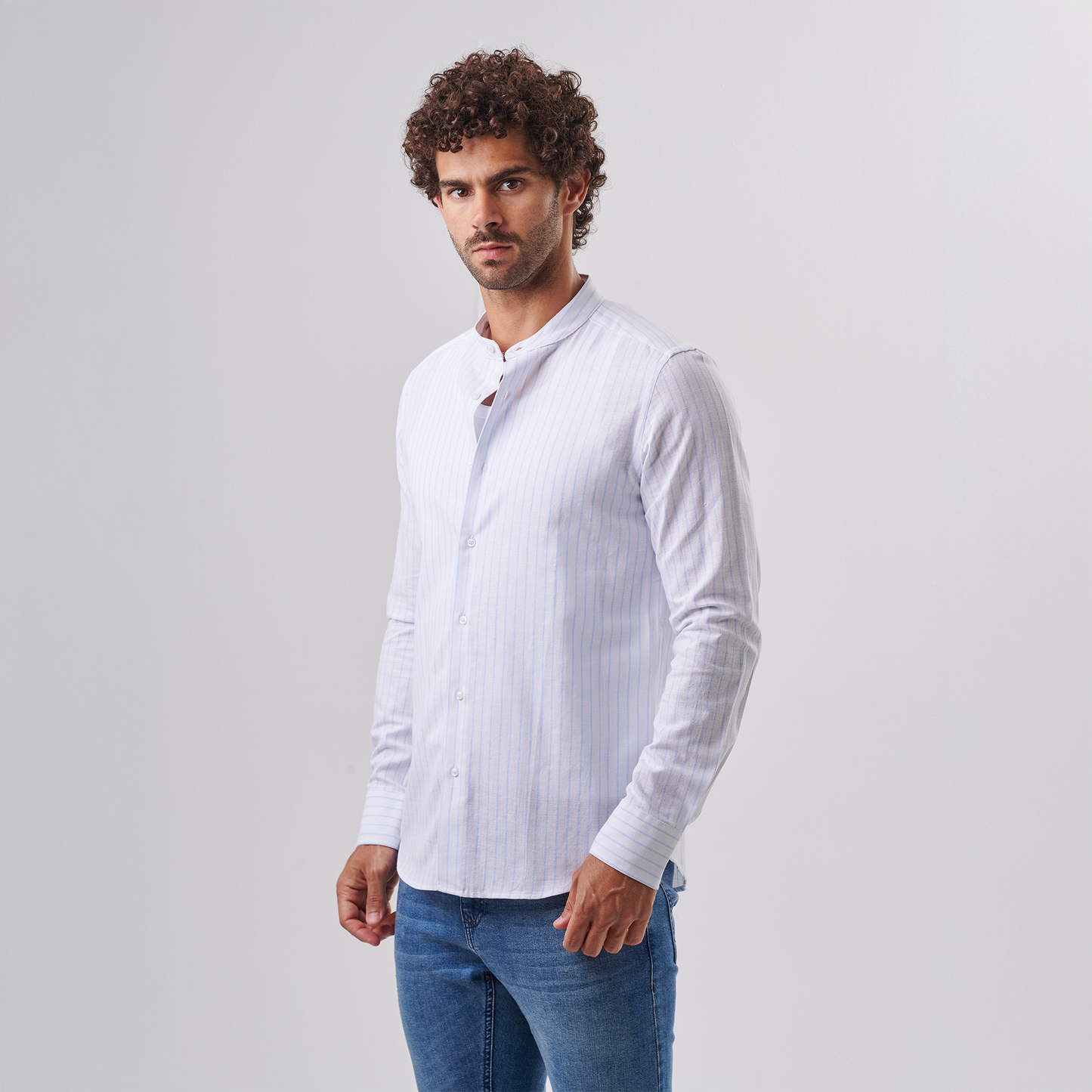 Striped Mandarin Collar Shirt – Blue Pinstripe