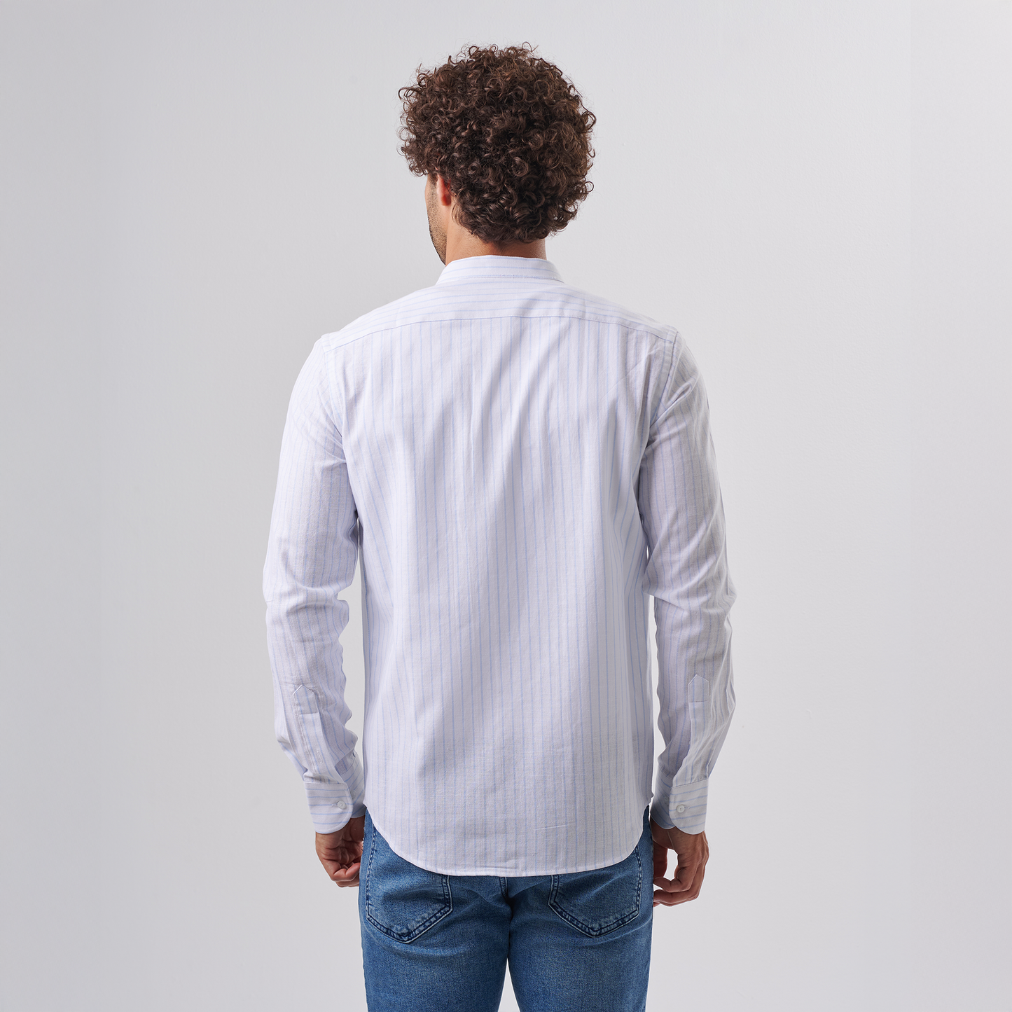 Striped Mandarin Collar Shirt – Blue Pinstripe