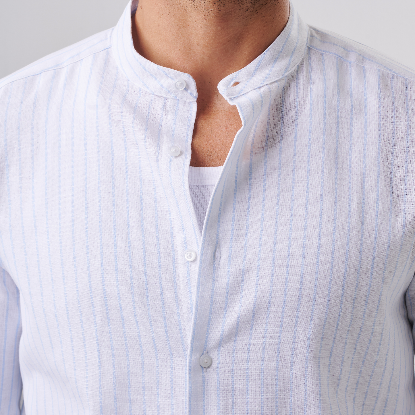 Striped Mandarin Collar Shirt – Blue Pinstripe
