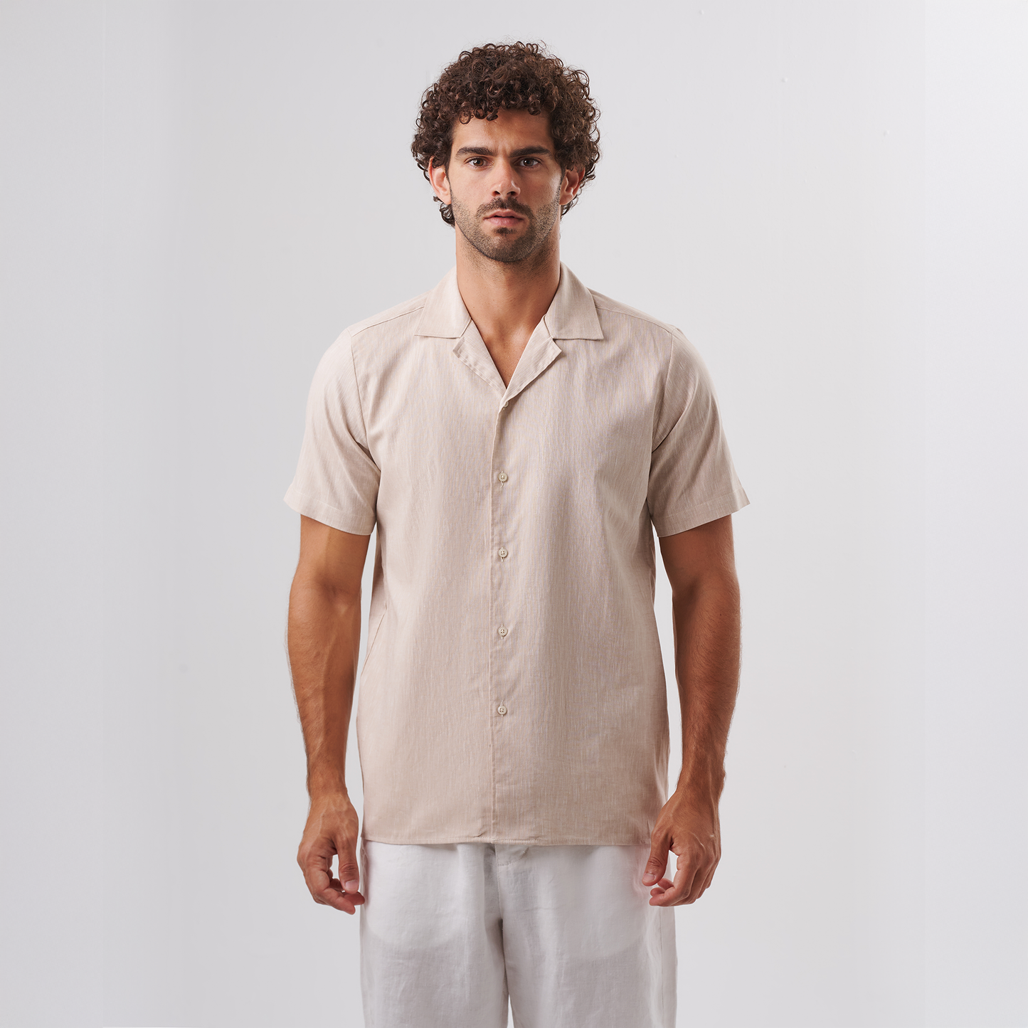 Beige Cuban Collar Shirt – Short Sleeve