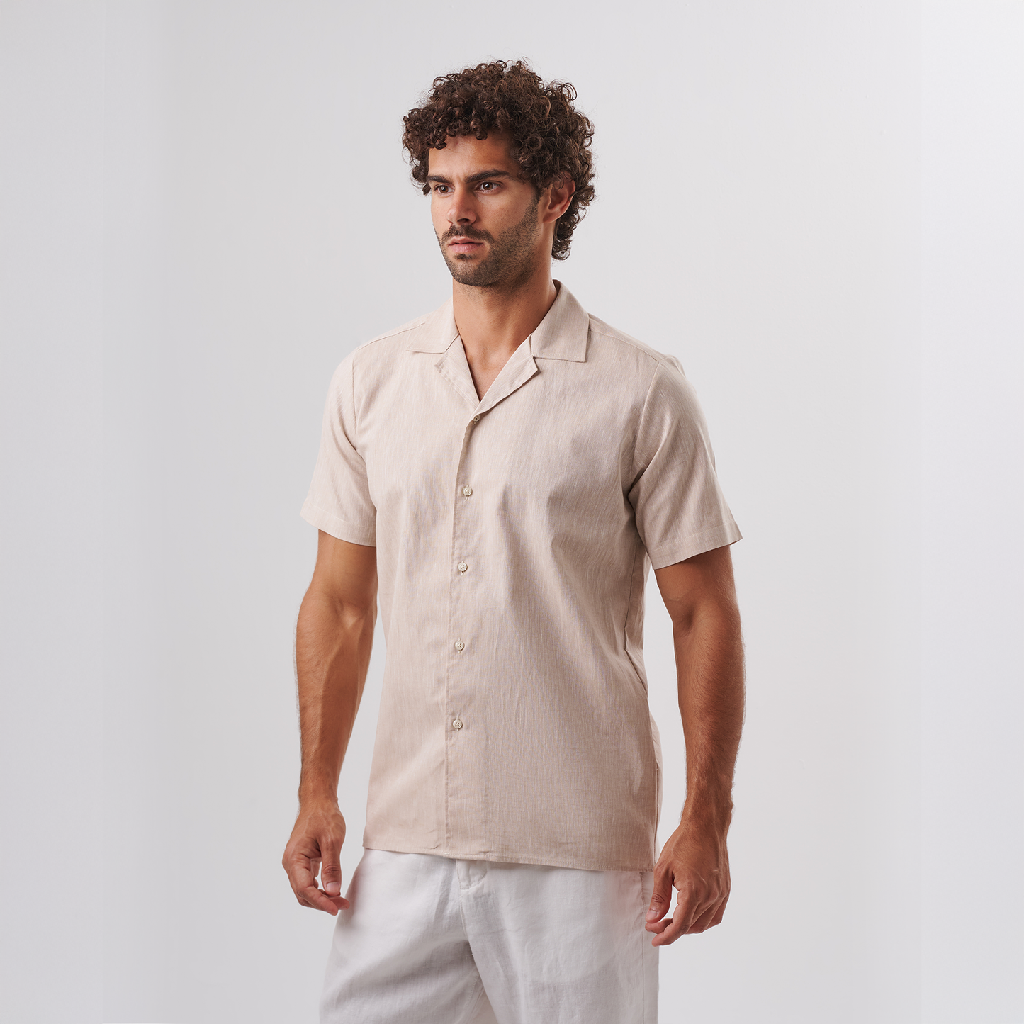 Beige Cuban Collar Shirt – Short Sleeve