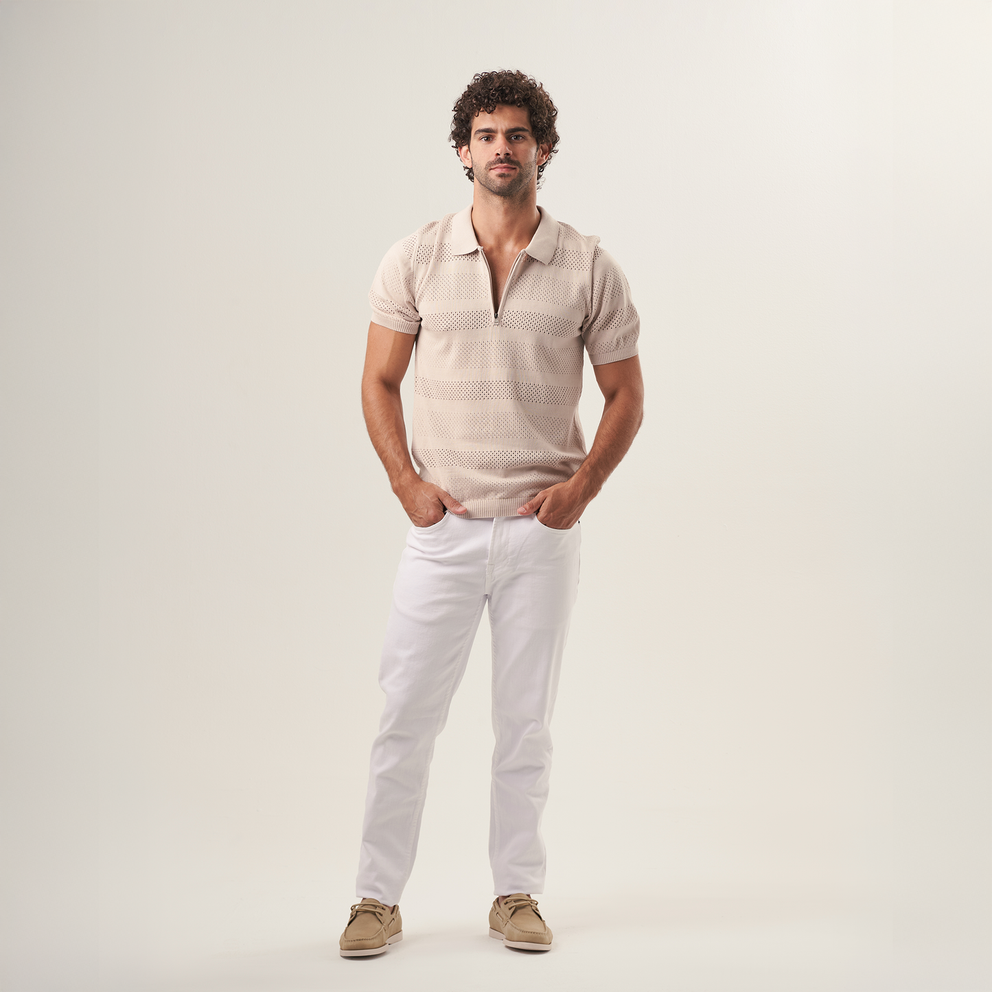 Beige Knit Polo Zip