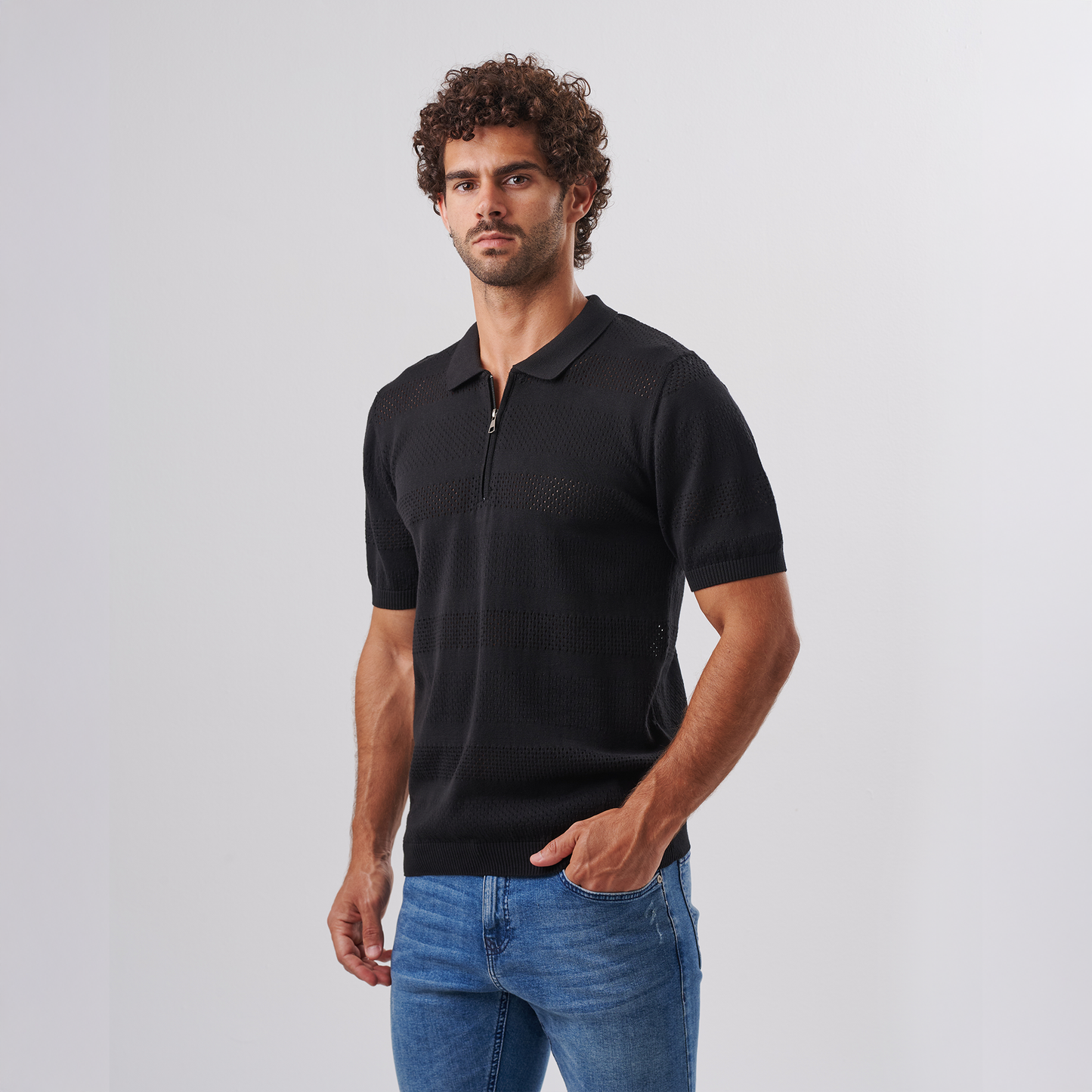 Black Knit Polo Zip