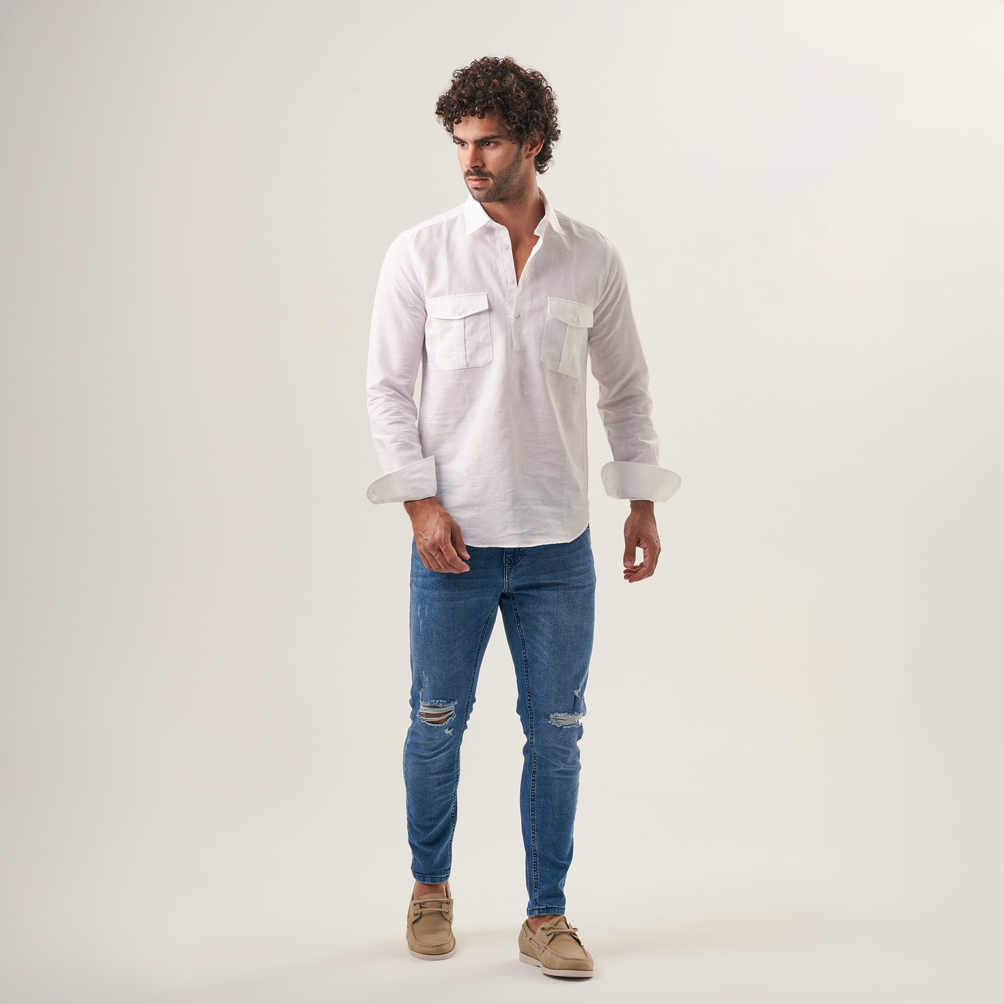 White Utility Linen Shirt