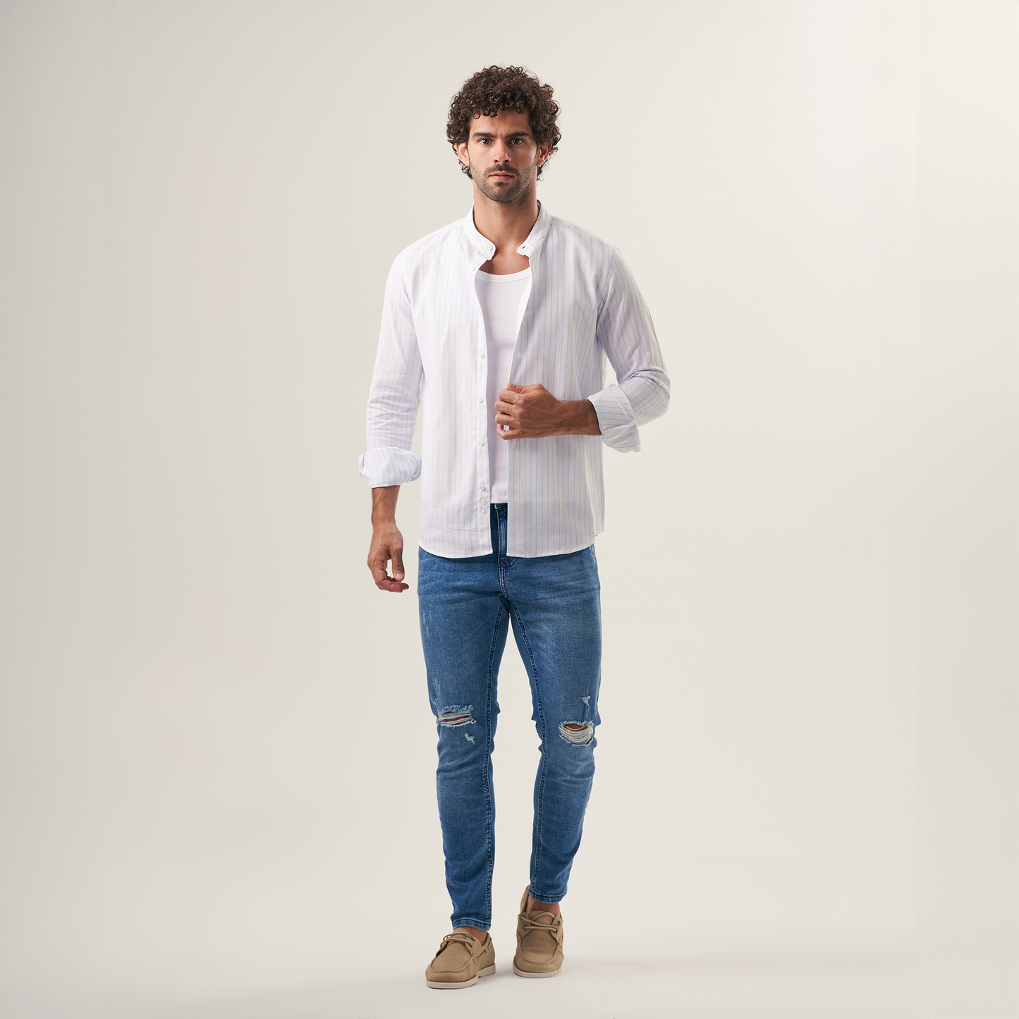 Striped Mandarin Collar Shirt – Blue Pinstripe