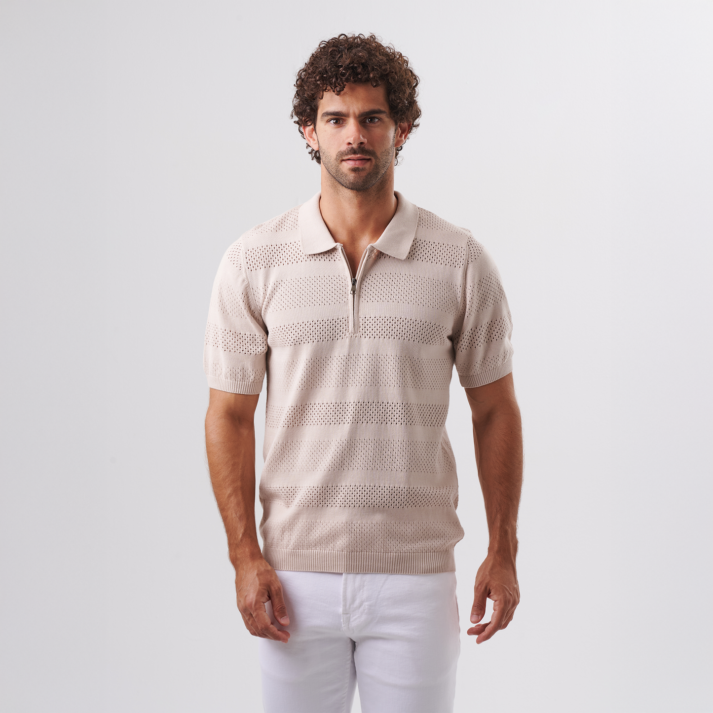 Beige Knit Polo Zip