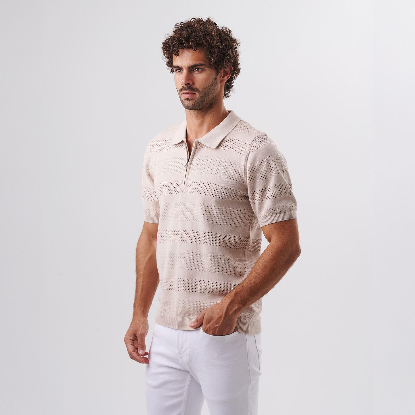 Beige Knit Polo Zip