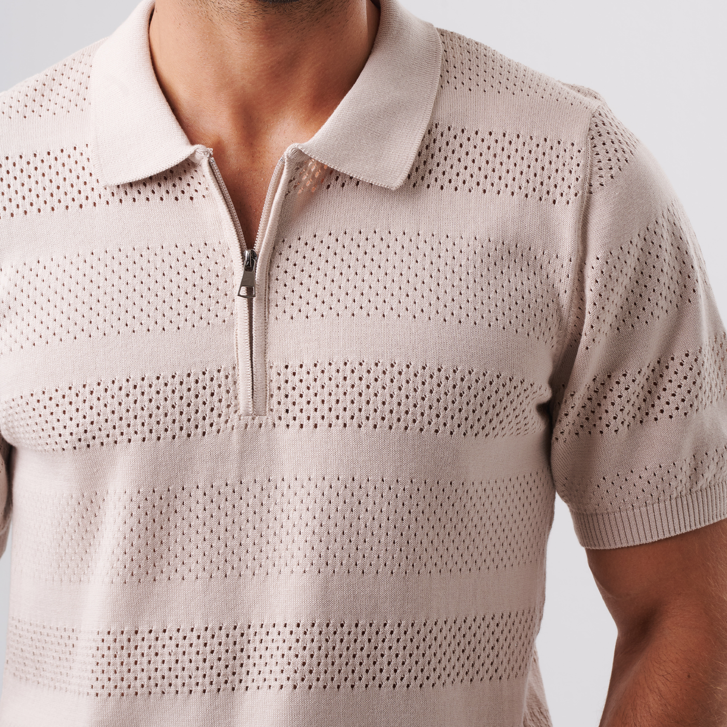 Beige Knit Polo Zip