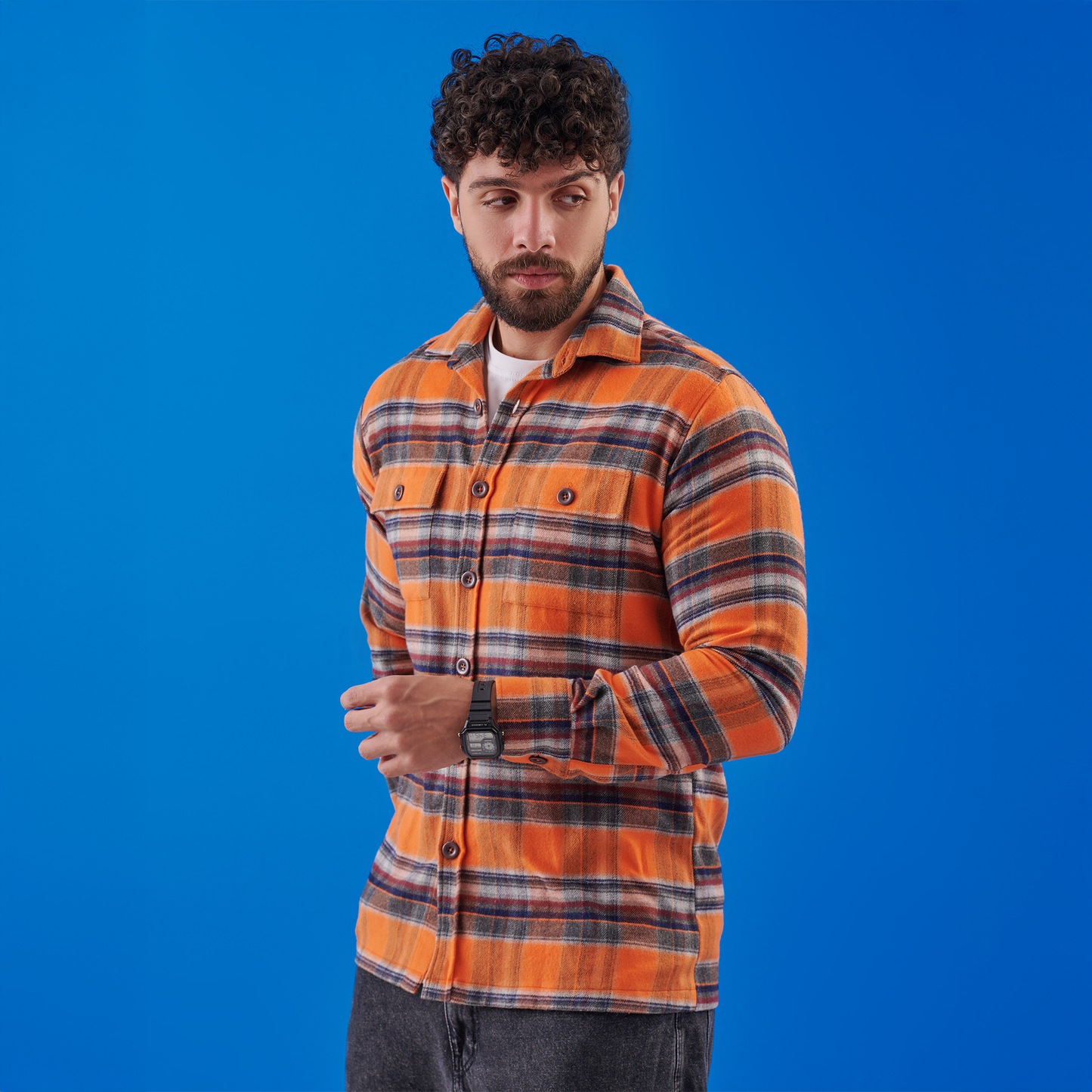 Plaid Flannel shirt Orange/ Navy Multi