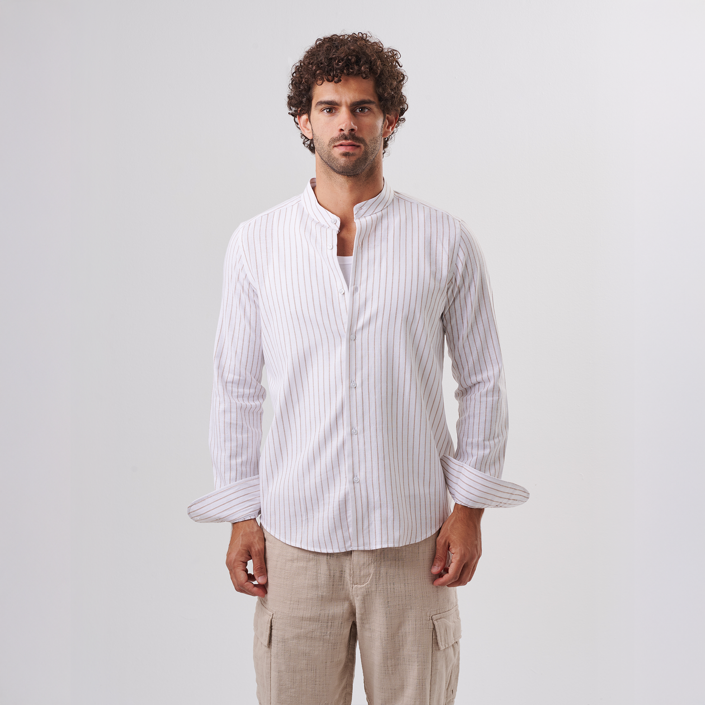 Striped Mandarin Collar Shirt – Beige Pinstripe