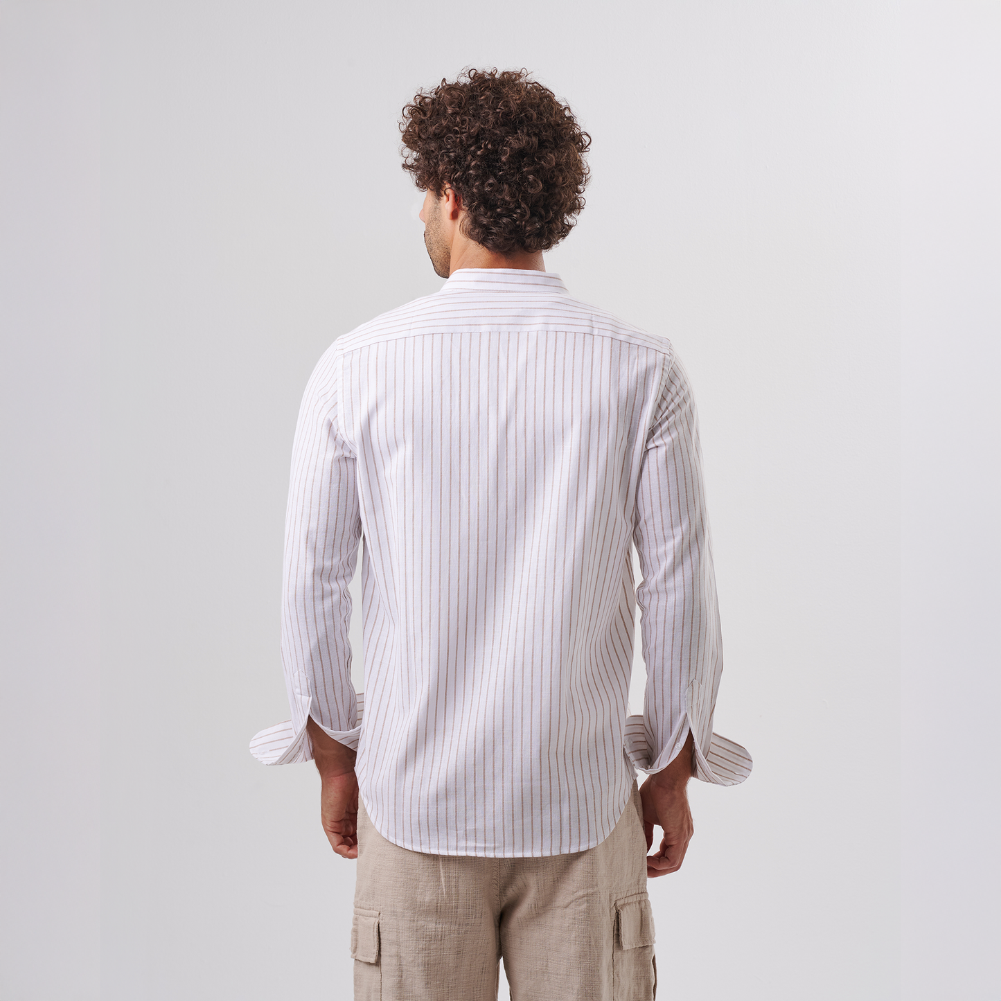 Striped Mandarin Collar Shirt – Beige Pinstripe