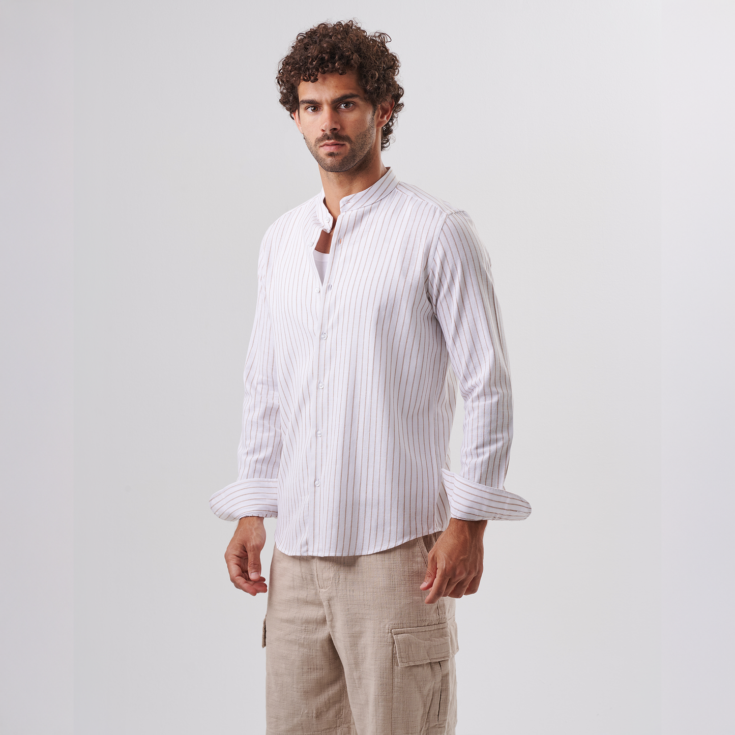 Striped Mandarin Collar Shirt – Beige Pinstripe