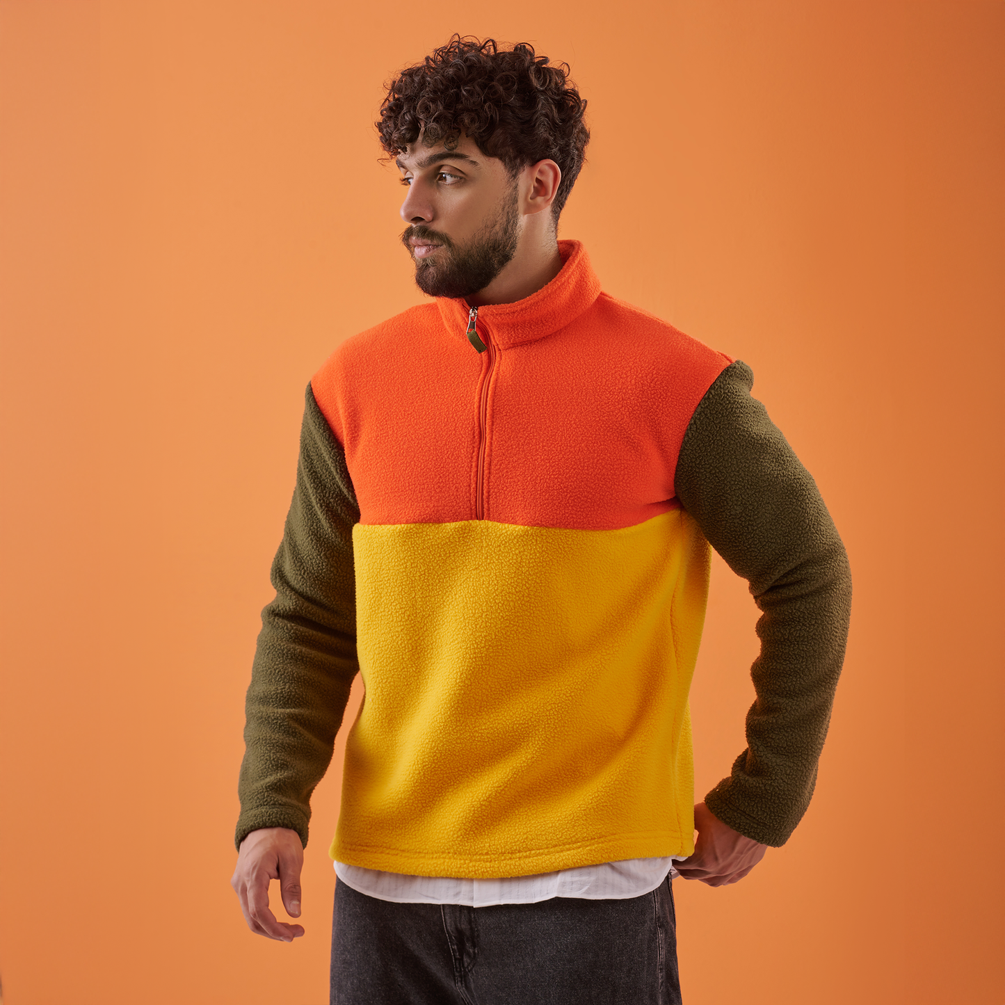 Mixed Color Brushed Fleece Pullover/Orange