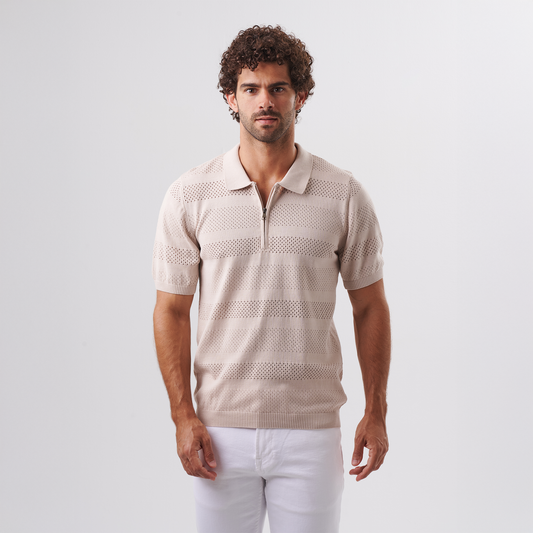 Beige Knit Polo Zip