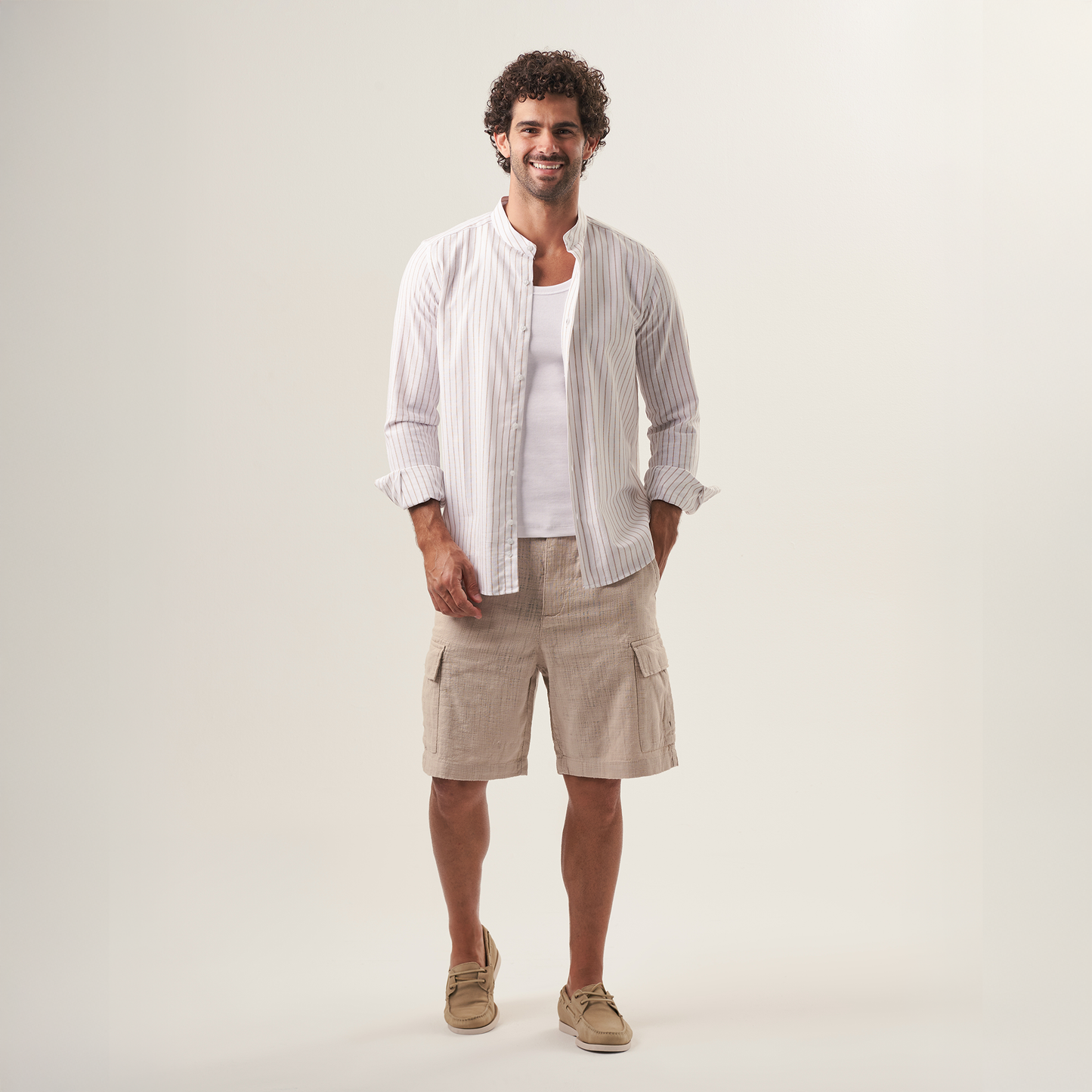 Striped Mandarin Collar Shirt – Beige Pinstripe